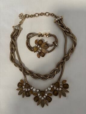 Ann Taylor Statement Necklace Chain Brown Crystals Gold Tone 20" + Bracelet